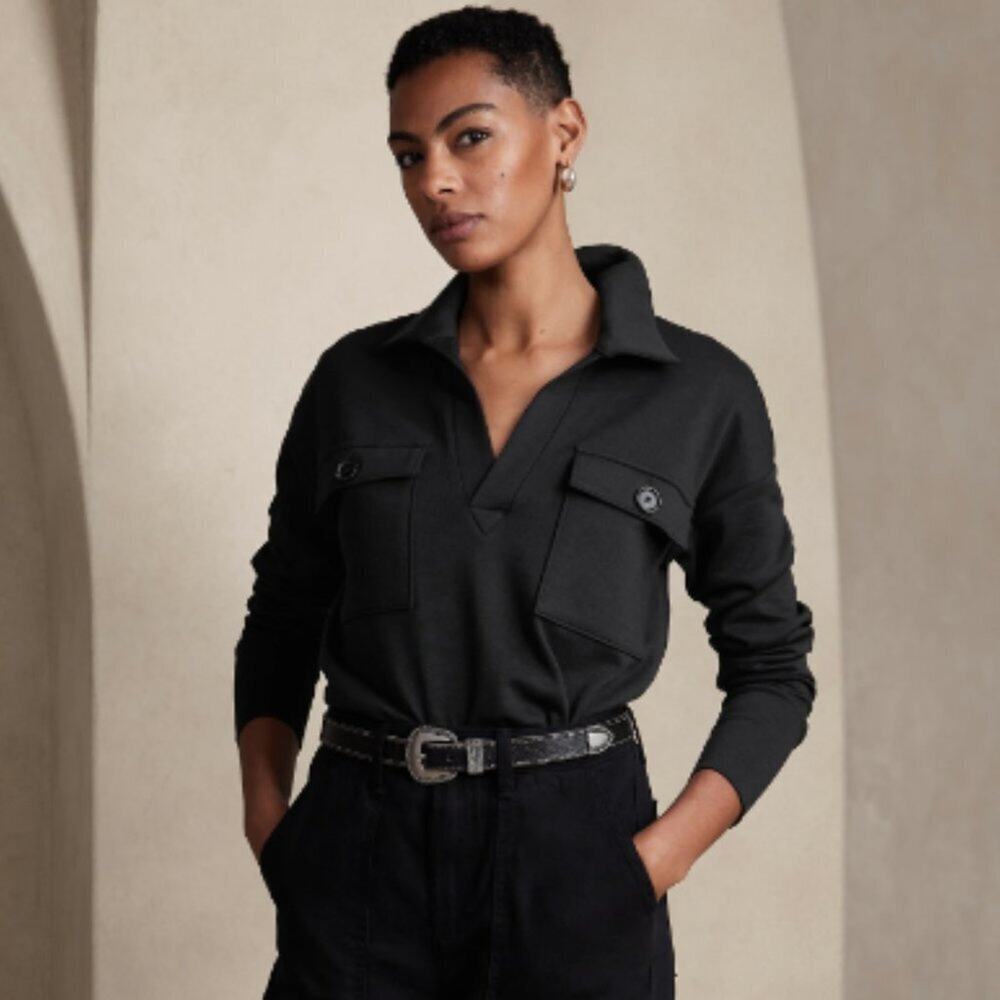 NWT Banana Republic Factory Johnny Collar Pocket Shirt Black S